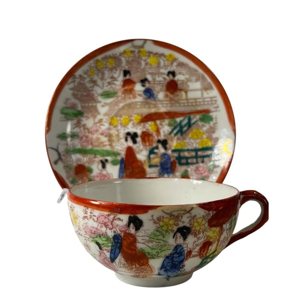 Vtg Japanese Eggshell Porcelain 11 TeaCups 1 Saucer Asian‎ Geisha Hand Painted